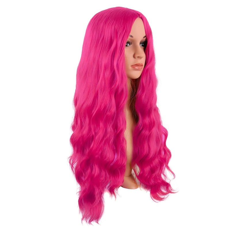 MapofBeauty 28 Inch/70 cm Long Wavy Middle Part with No Bangs Synthetic Fiber Curly Fashion Women Party Cosplay Wig (Hot Pink) - Image 2